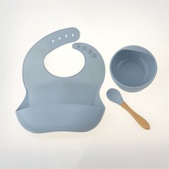 Набір силіконового посуду для малюків Borjay 3в1 Тарілка з ложкою та слюнявчик Сіро-Блактиний (SY1025BS) фотографія 1