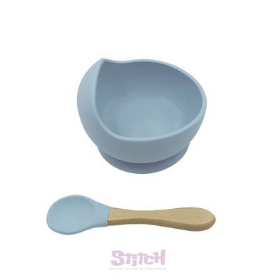Набор силиконовой посуды для малышей Borjay 3в1 Тарелка с ложкой и слюнявчик Серо-голубой (SY1025BS) фото 3