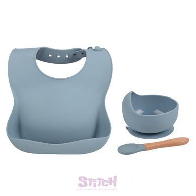 Набор силиконовой посуды для малышей Borjay 3в1 Тарелка с ложкой и слюнявчик Серо-голубой (SY1025BS) фото 2