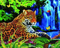 Картина по номерам и алмазная мозаика 2 в 1. Rainbow Art "Леопард у водопада" GZS1042-RA фото 1